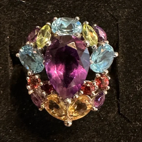 “Shangrila” Multi Gemstone 5.32 TCW Sterling Silver Cocktail Ring Size 7 - Picture 2 of 7